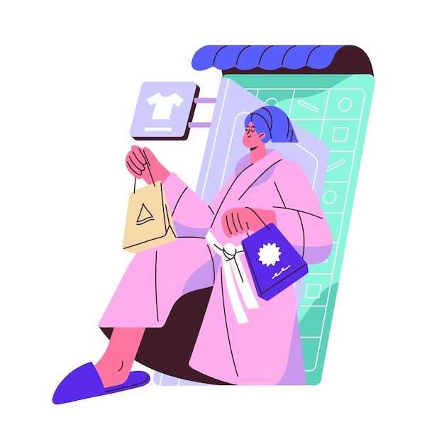 Concepto de compras en línea Mujer cliente comprando ropa en una tienda de internet con teléfono móvil Niña feliz comprando ropa de moda desde casa Ilustración vectorial plana aislada en fondo blanco