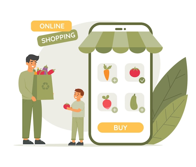 Concepto de compras en línea Padre e hijo compran verduras frescas en la tienda en línea usando una aplicación para teléfono