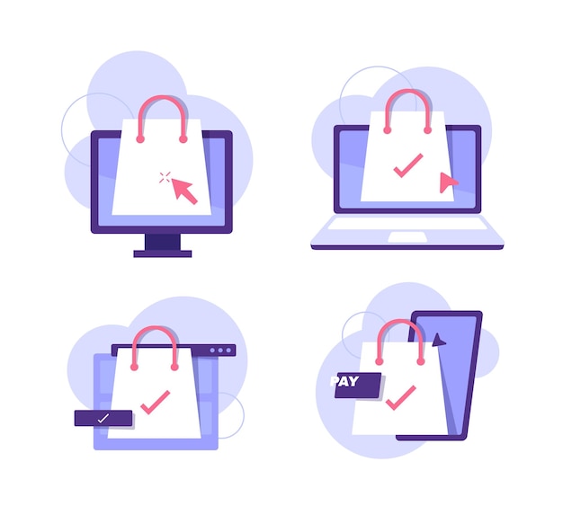 concepto de compras en línea. pantalla de computadora, computadora portátil abierta y teléfono inteligente. ilustración plana