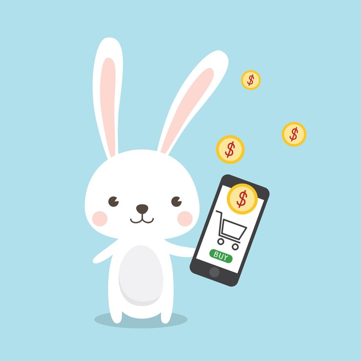 Concepto de compras en línea de personaje de dibujos animados de conejo