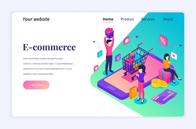 Concepto de compras en línea, personas que compran productos en la tienda en línea. isométrica plana moderna para plantilla de página de destino
