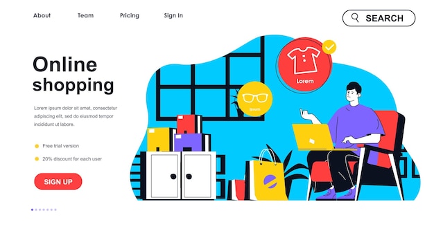 Concepto de compras en línea para la plantilla de la página de destino El cliente elige bienes y realiza compras usando una computadora portátil Escena de personas de comercio electrónico Ilustración vectorial con diseño de personajes planos para banner web