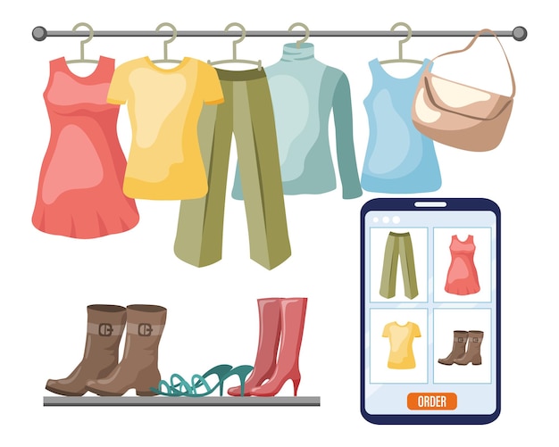 Concepto de compras en línea Ropa en perchas y una tableta con una pantalla de una tienda de ropa