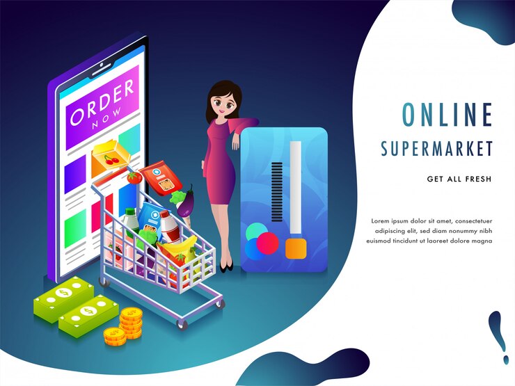 Vector concepto de compras en línea supermercado o tienda de comestibles.