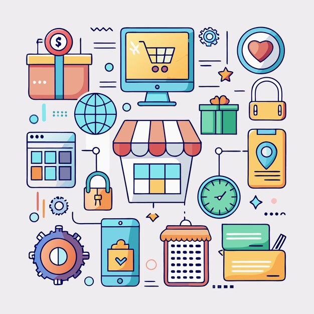 Concepto de compras en línea con teléfono de carrito de la tienda e íconos de pago