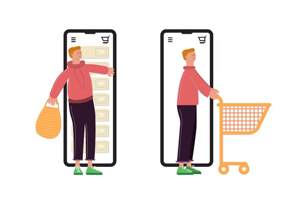 Concepto de compras en línea con teléfono inteligente y carrito