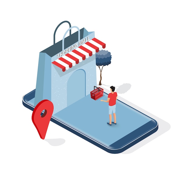 Concepto de compras en línea de teléfono inteligente isométrico.