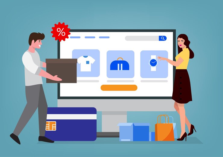 Vector concepto de compras en línea tienda de mujeres en línea comercio electrónico para la página de destino personas entrega vector banner página plantilla web ui vector de ilustración de dibujos animados de estilo plano