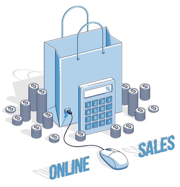 Concepto de compras en línea, tienda web, ventas por internet, bolsa de compras con ratón de pc y pilas de dinero en efectivo y calculadora aislada. Vector 3d ilustración isométrica de negocios y finanzas.