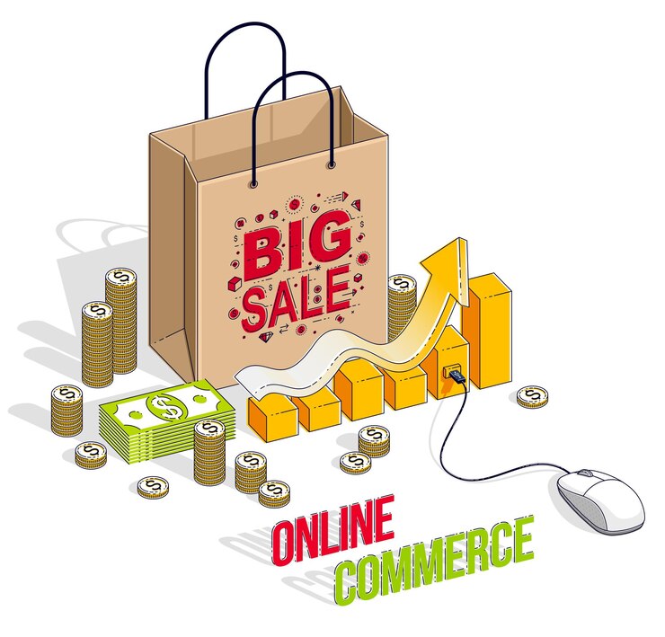 Vector concepto de compras en línea, tienda web, ventas por internet, bolsa de compras con ratón de pc y pilas de dinero en efectivo y tabla de crecimiento aislada. vector 3d ilustración isométrica de negocios y finanzas.