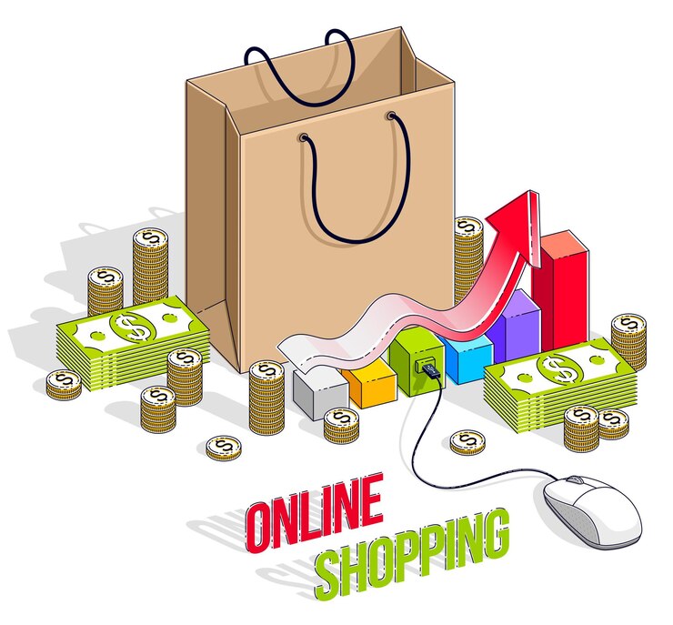 Vector concepto de compras en línea, tienda web, ventas por internet, bolsa de compras con ratón de pc y pilas de dinero en efectivo y tabla de crecimiento aislada. vector 3d ilustración isométrica de negocios y finanzas.