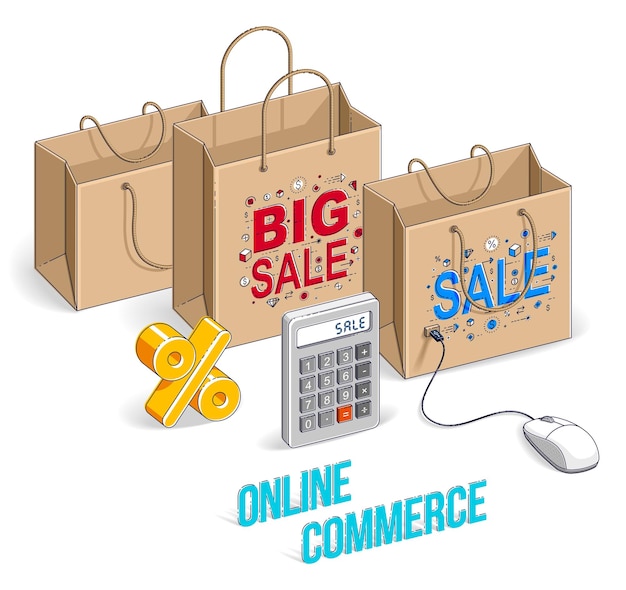 Concepto de compras en línea, tienda web, ventas por Internet, bolsa de compras con ratón de pc y símbolo de porcentaje aislado en blanco. Vector 3d ilustración isométrica de negocios y finanzas, diseño de línea delgada.