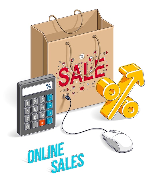 Concepto de compras en línea, tienda web, ventas por Internet, bolsa de compras con ratón de pc y símbolo de porcentaje aislado en blanco. Vector 3d ilustración isométrica de negocios y finanzas, diseño de línea delgada.