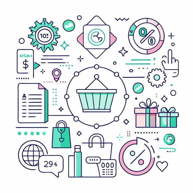 Concepto de compras en línea con varios símbolos como una canasta de compras bolsas de compras regalos y signos de porcentaje