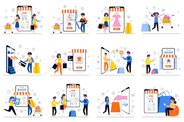 Concepto de compras móviles con escenas de personas diminutas ambientadas en un diseño plano paquete de hombres y mujeres que eligen y piden productos en la aplicación pagan en línea desde el teléfono inteligente reciben descuentos ilustración vectorial para la web