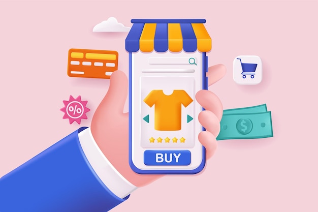 Concepto de compras móviles ilustración 3d composición de iconos con interfaz de aplicación para compras en tiendas descuentos pago en línea y servicio de entrega ilustración vectorial para diseño web moderno