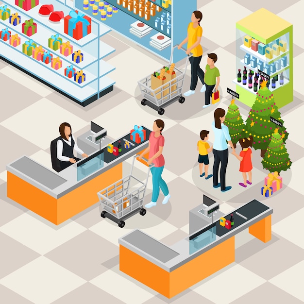 Concepto de compras navideñas isométricas con personas que compran productos y regalos de navidad en el supermercado