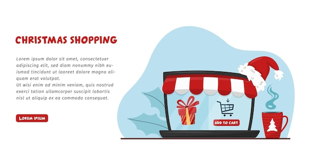 Concepto de compras navideñas en línea: pantalla de computadora portátil que muestra la tienda en línea con regalo navideño.