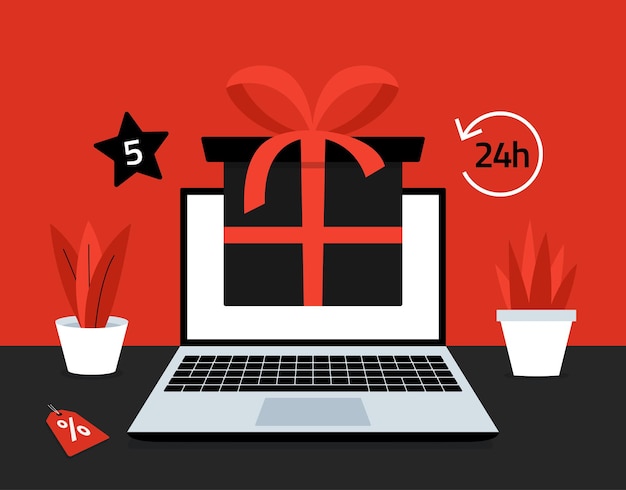 Concepto de compras online de Black Friday. Concepto de banner de web de venta de promoción en línea de viernes negro en la pantalla del portátil con caja de regalo. Comercio electrónico estacional, ilustración vectorial plana