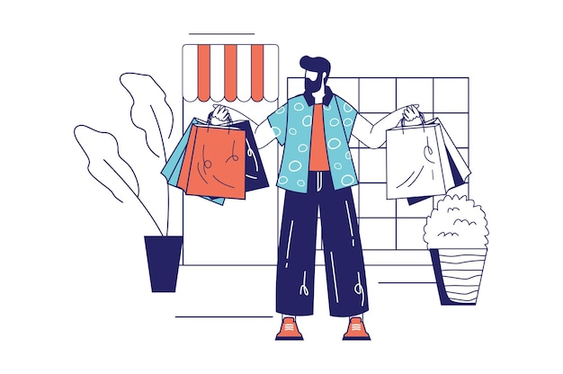 Concepto de compras de personas en diseño de línea plana para banner web. Hombre haciendo compras y sosteniendo bolsas de compras en la tienda o boutique, escena de gente moderna. Ilustración de vector de estilo gráfico de contorno