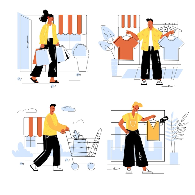 Concepto de compras de personas establecido en diseño de línea plana Hombres y mujeres hacen compras, eligen ropa nueva en boutiques y compran comestibles en el supermercado Ilustración vectorial con escenas web coloridas de contorno