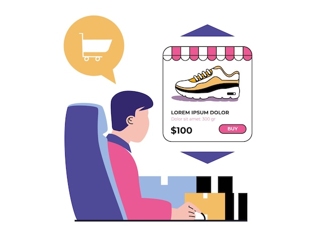 Concepto de compras con situación de carácter el hombre elige zapatillas en el sitio web de la tienda de calzado deportivo hace pedidos y paga en línea ilustración vectorial con escena de personas en diseño plano para web