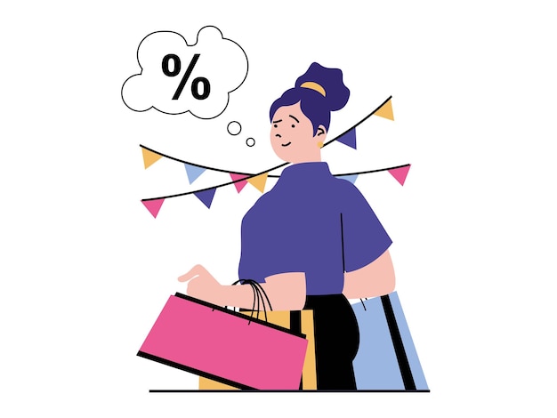 Concepto de compras con situación de carácter mujer hace muchas compras y sostiene bolsas con productos descuentos de temporada y precios favorables ilustración vectorial con escena de personas en diseño plano para web