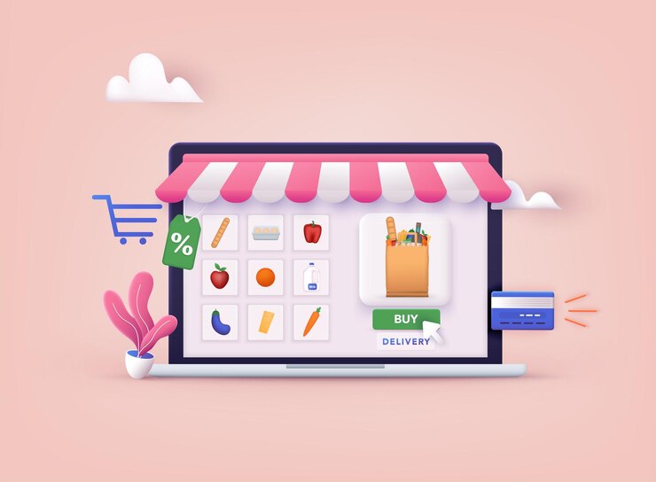 Vector concepto de compras en tiendas de comestibles en línea orden y entrega en supermercados en línea ilustraciones vectoriales web 3d