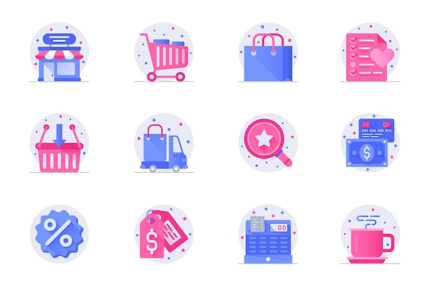 Concepto de compras web iconos de color plano con sombra set Pack pictogramas de orden de entrega de tienda