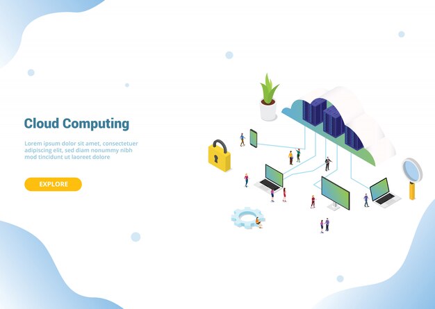 Concepto de computación en la nube en 3D isométrico para el sitio web de banner o página de inicio de aterrizaje