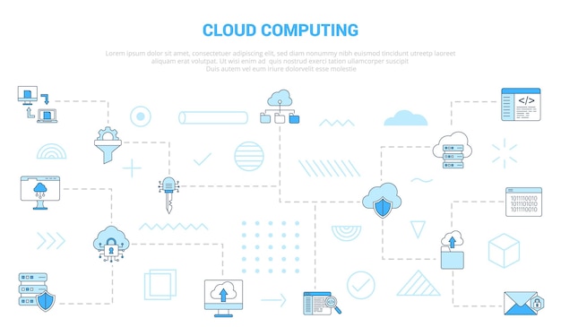 Concepto de computación en la nube con banner de plantilla de conjunto de iconos con estilo de color azul moderno