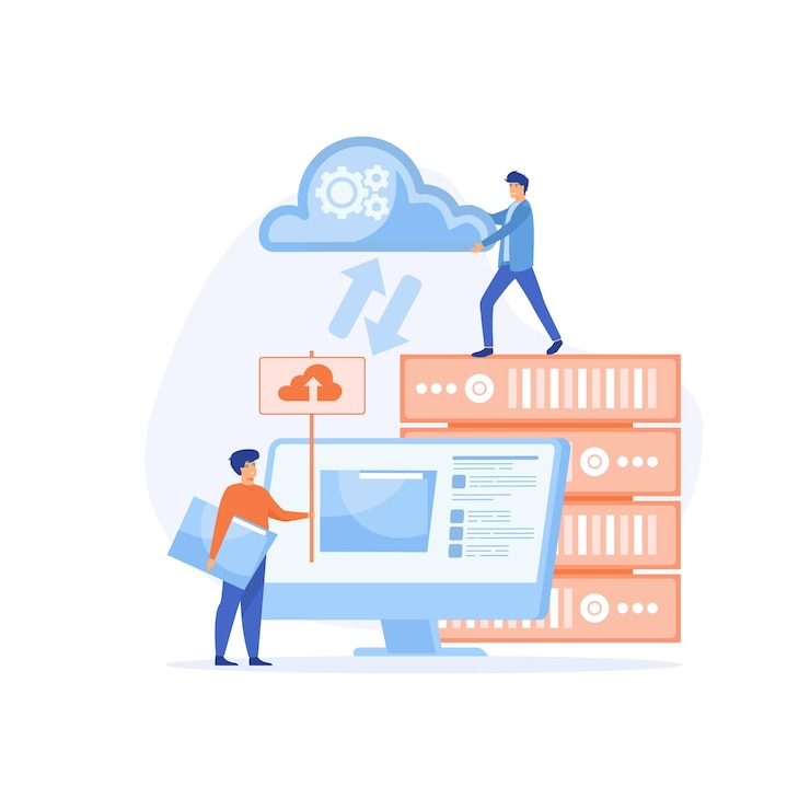 Vector concepto de computación en la nube, centro de datos, gestión de archivos, ilustración moderna de vector plano