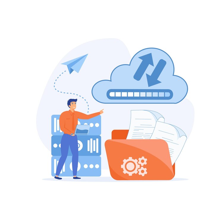 Vector concepto de computación en la nube, centro de datos, gestión de archivos, ilustración moderna de vector plano