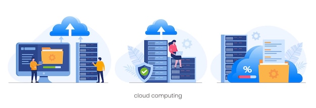 Concepto de computación en la nube, centro de datos, gestión de archivos, vector de ilustración plana de almacenamiento en la nube