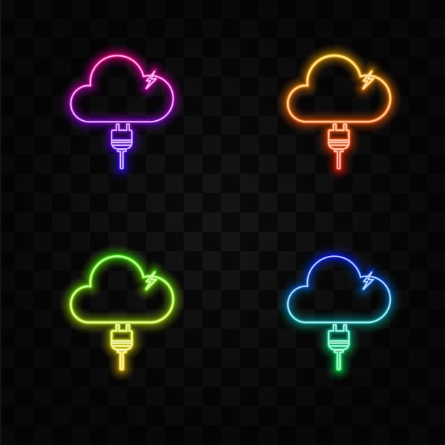 Concepto de computación en la nube en diferentes dispositivos electrónicos estilo neón computación en las nubes icono de signo de símbolo