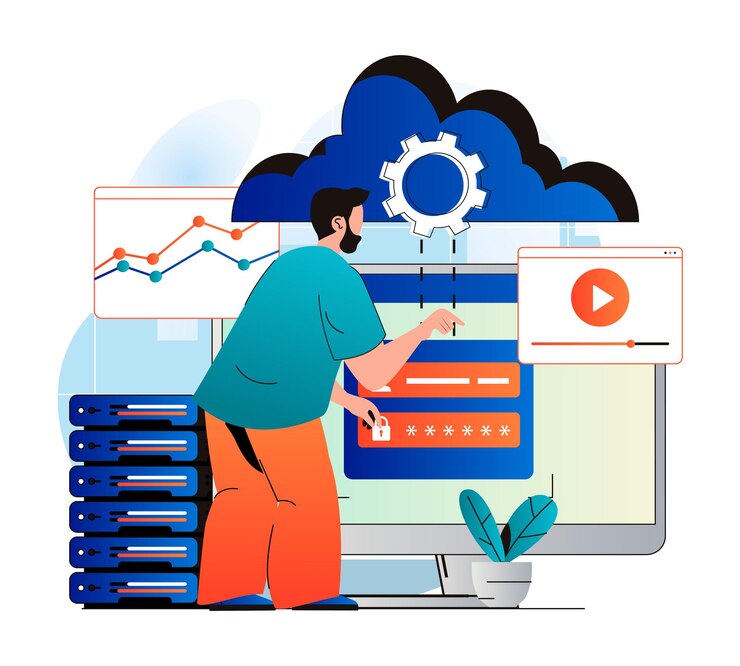 Vector concepto de computación en la nube en diseño plano moderno el usuario del hombre obtiene acceso al almacenamiento en la nube