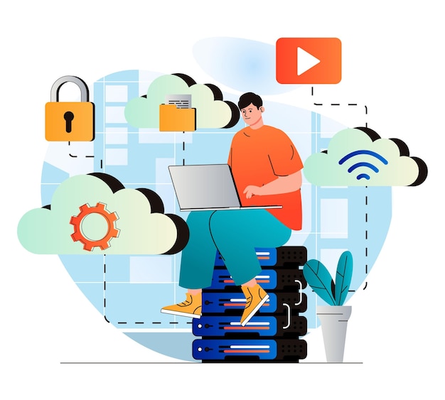 Concepto de computación en la nube en diseño plano moderno El usuario trabaja en una computadora portátil y utiliza tecnologías en la nube