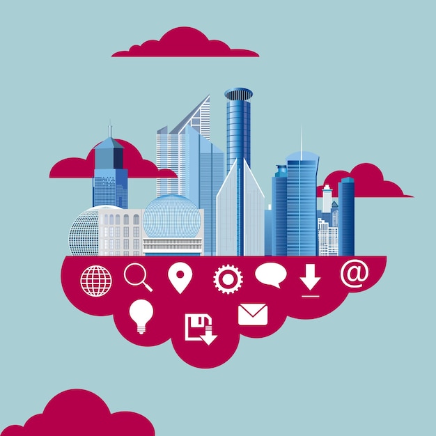 Concepto de computación en nube, edificios en las nubes.
