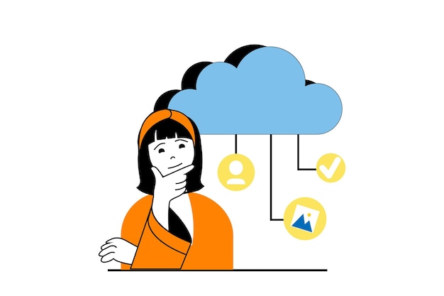 Concepto de computación en la nube con escena de personas en diseño web plano Mujer cargando diferentes datos de contenido y archivos de respaldo en el almacenamiento en la nube Ilustración vectorial para material de marketing de banners en redes sociales