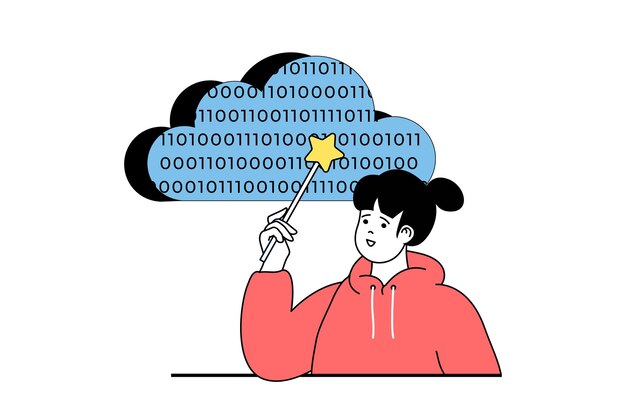 Concepto de computación en la nube con escena de personas en diseño web plano Mujer procesando archivos en línea y cargando datos al almacenamiento en la nube Ilustración vectorial para material de marketing de banners en redes sociales