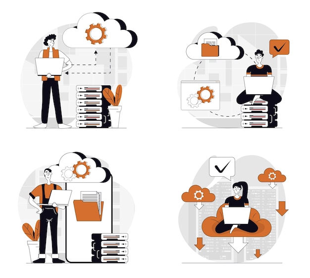 Concepto de computación en la nube establecido en diseño plano para la web Colección con personas que utilizan tecnología en la nube haciendo sincronización y copia de seguridad de datos trabajando con base de datos y almacenamiento de archivos en línea Ilustraciones vectoriales