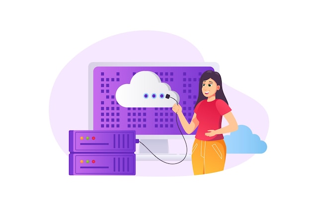 Concepto de computación en la nube en estilo plano con escena de personas