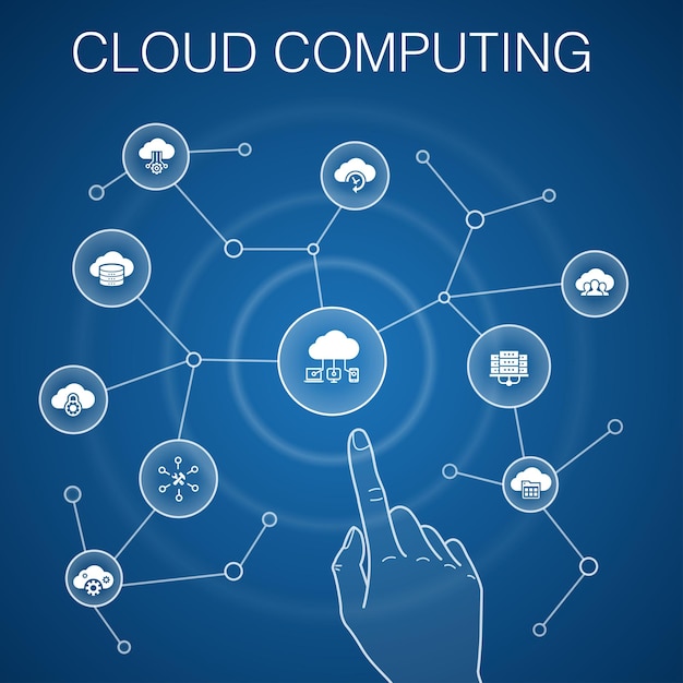 Vector concepto de computación en la nube fondo azul centro de datos de copia de seguridad en la nube iconos de proveedor de servicios saas