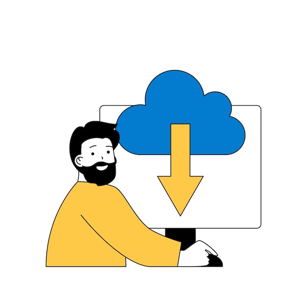 Vector concepto de computación en la nube con gente de dibujos animados en diseño plano para web hombre descargando datos del servidor de almacenamiento en línea a la computadora ilustración vectorial para material de marketing de banners en redes sociales