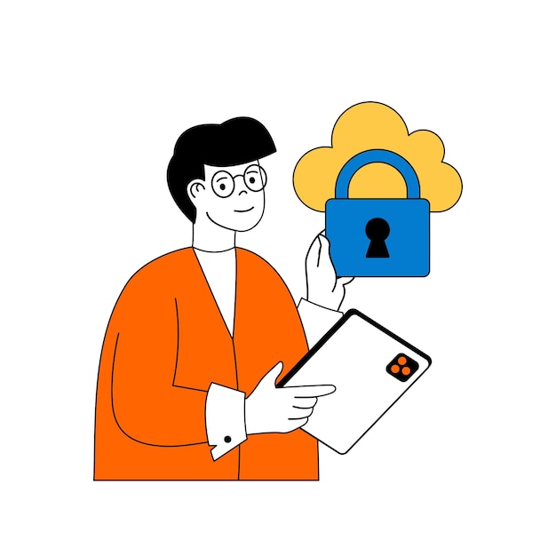 Concepto de computación en la nube con gente de dibujos animados en diseño plano para web Hombre usando plataforma de almacenamiento en la nube con protección de datos de firewall Ilustración vectorial para material de marketing de banners en redes sociales