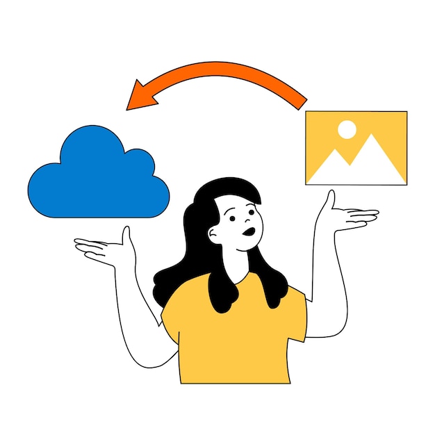 Concepto de computación en la nube con gente de dibujos animados en diseño plano para web Mujer haciendo copias de seguridad de archivos y transfiriendo imágenes al almacenamiento en línea Ilustración vectorial para material de marketing de banners en redes sociales