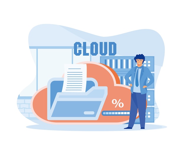 Concepto de computación en la nube Hombre de pie cerca del almacenamiento en la nube