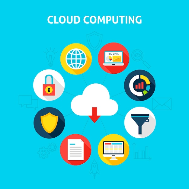 Concepto de computación en la nube. Ilustración de vector de círculo de infografías de Big Data con iconos planos.