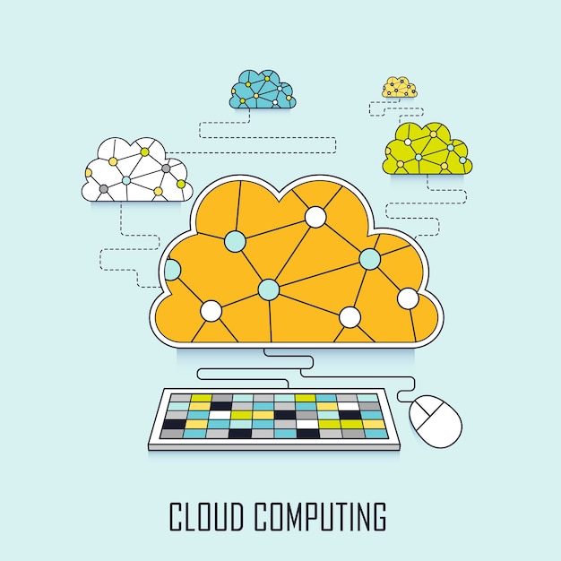 Concepto de computación en la nube: nube que se conecta al teclado en estilo de línea