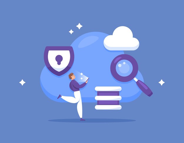 concepto de computación en la nube o ilustración de un hombre usando servicios de almacenamiento en la nube